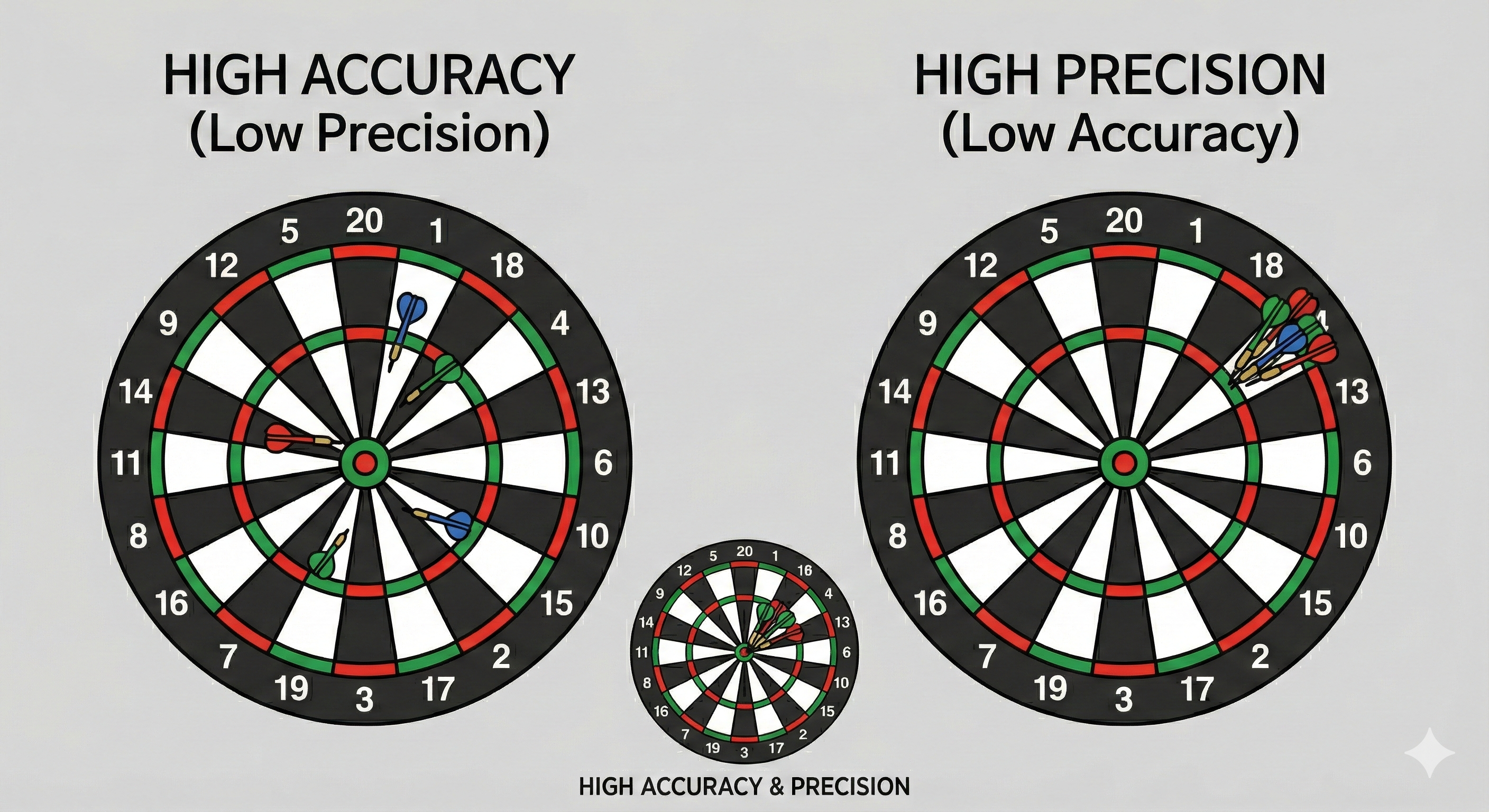 Accuracy vs. precision illustrated with dart boards: high accuracy means hitting near the center regardless of spread, high precision means tight grouping regardless of position, and both combined means tight grouping at the center